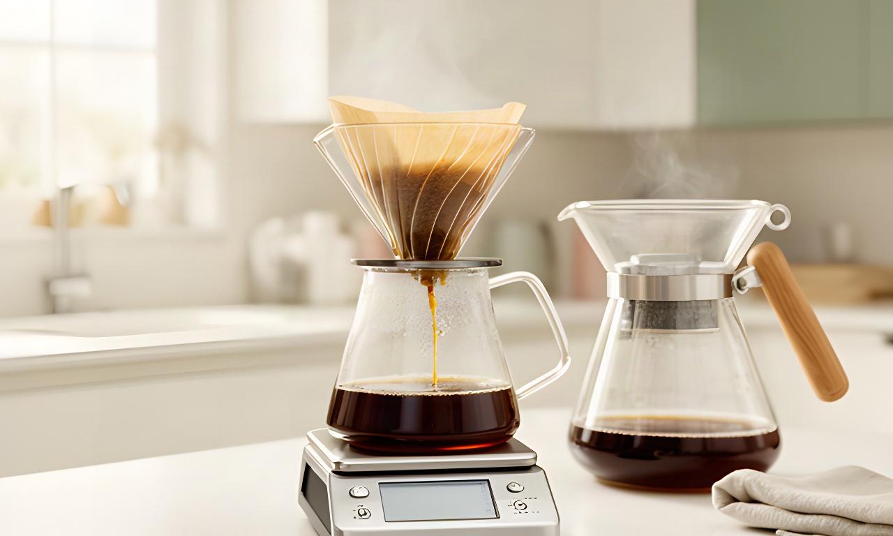 Kaffeewaage mit Timer neben einer gefüllten Handfilterkaraffe in einer hellen Küche