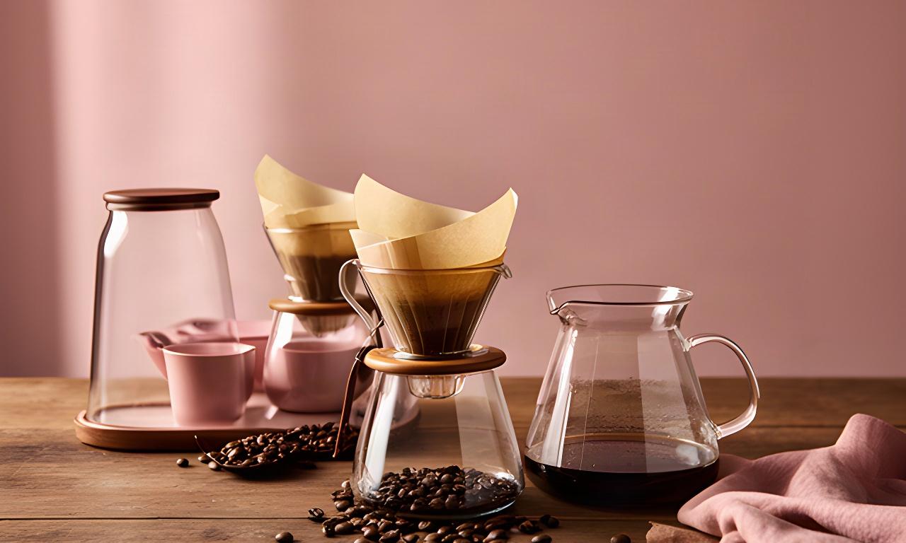 Handfilter, Papierfilter und Glaskaraffe auf einem Holztisch neben frisch gemahlenem Kaffee